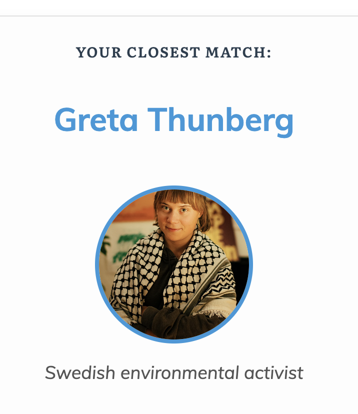 A screenshot from that 2020s political compass quiz that has been going around. It says "Your closest match: Greta Thunberg" and there is a little picture of Greta, who *is* kinda my political & ethical ideal.
